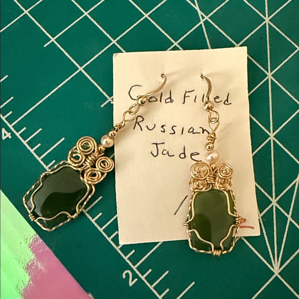 Russian Jade wire wrap earrings w/tiny natural pinkish Pearl YG Plated